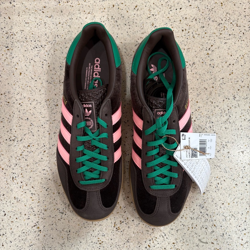 NWT Adidas Gazelle Indoor Brown Sneakers w/ Pink & Green Accents, Women’s 9.5
